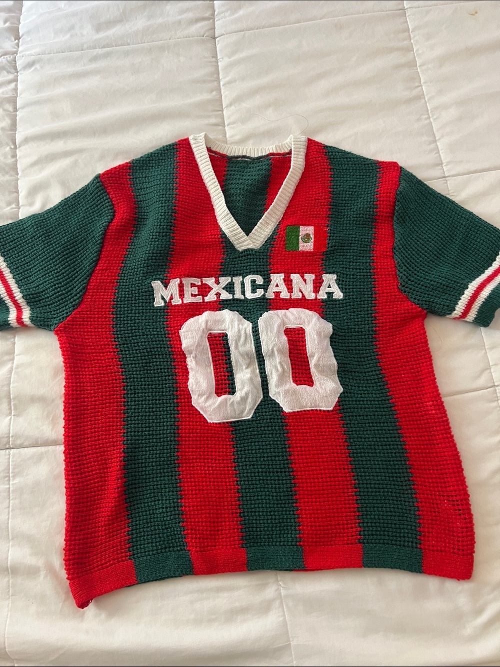 SHEIN Red & Green Striped V-Neck Sweater with Mexicana Patch